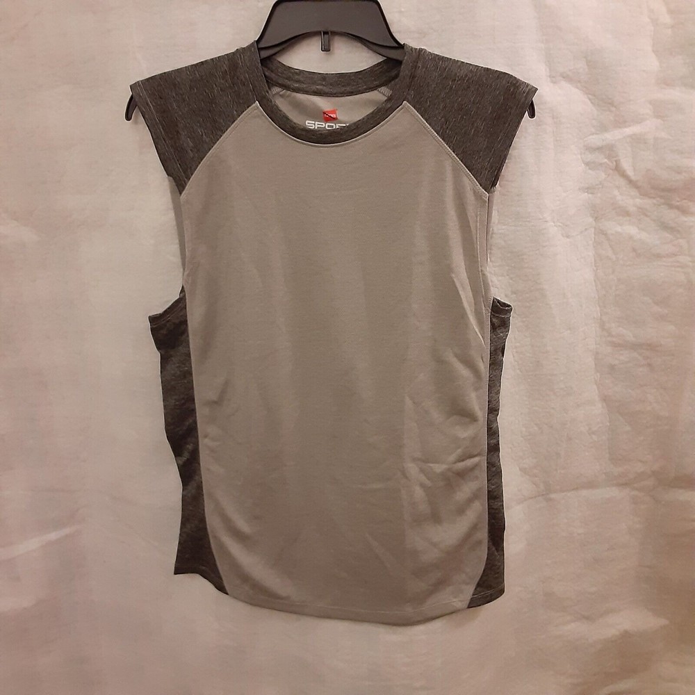 Hanes Sport Mens Small Light Gray Sleeveless Muscle Tee Raglan Dark Side Stripe!